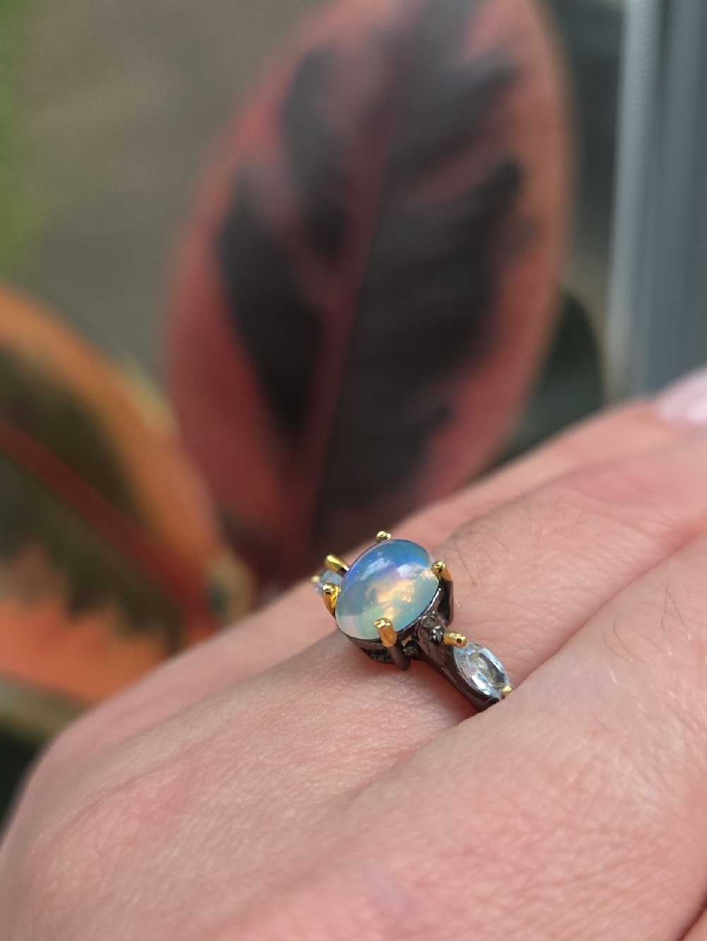 Sterling Silver Rhodium Plated And Gold Wash Opal Ring W Two Topaz Side Stones